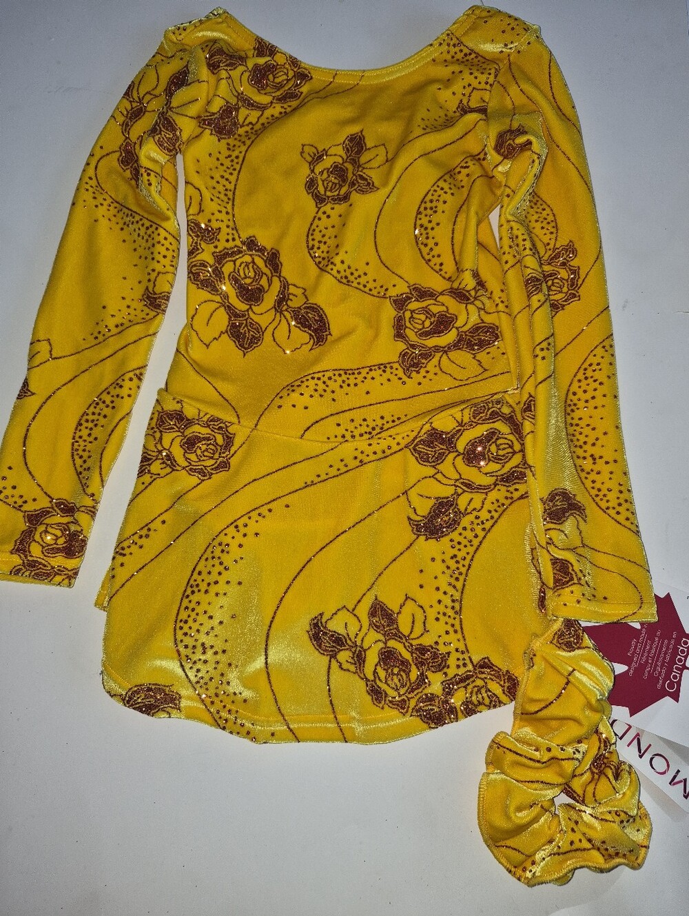 Mondor Girl Sparkle Yellow Golf Floral Long-Sleeve Figure Skating Dress 4-6 NWT